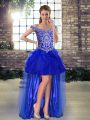 Glorious Sleeveless Tulle High Low Lace Up Evening Dress in Royal Blue with Beading and Ruffles