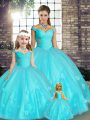 Aqua Blue Off The Shoulder Lace Up Beading and Appliques Quinceanera Gowns Sleeveless