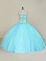 Custom Made Aqua Blue Sleeveless Floor Length Beading Lace Up Quinceanera Dresses