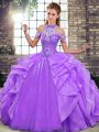 Top Selling Sleeveless Organza Floor Length Lace Up Quinceanera Gown in Lavender with Beading and Ruffles