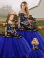 Sleeveless Floor Length Embroidery Lace Up Sweet 16 Dress with Royal Blue