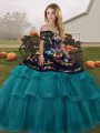 Traditional Teal Lace Up Quinceanera Gowns Embroidery and Ruffled Layers Sleeveless Brush Train