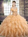 Trendy Off The Shoulder Sleeveless Brush Train Lace Up 15th Birthday Dress Gold Organza
