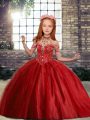 Attractive High-neck Sleeveless Little Girls Pageant Dress Wholesale Floor Length Beading Red Tulle