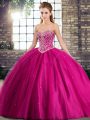 Fuchsia Tulle Lace Up 15th Birthday Dress Sleeveless Brush Train Beading