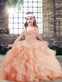 Straps Sleeveless Tulle Pageant Gowns Beading and Ruffles Side Zipper