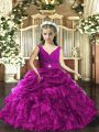 Custom Design Organza Sleeveless Floor Length Little Girl Pageant Gowns and Beading and Ruffles and Ruching