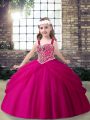 Custom Designed Sleeveless Floor Length Beading Lace Up Kids Pageant Dress with Fuchsia