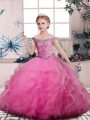 Fancy Floor Length Lace Up Pageant Gowns For Girls Pink for Party and Sweet 16 and Wedding Party with Beading and Ruffles