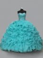 Organza Sweetheart Sleeveless Lace Up Beading and Ruffles Quinceanera Gown in Aqua Blue