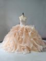 Champagne and Pink And White Ball Gowns Organza Sweetheart Sleeveless Beading and Ruffles Lace Up Quinceanera Dresses Brush Train