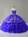 Sweetheart Sleeveless Ball Gown Prom Dress Floor Length Embroidery and Ruffled Layers Blue Organza