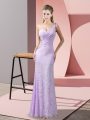 Column/Sheath Prom Gown Lavender One Shoulder Lace Sleeveless Floor Length Criss Cross