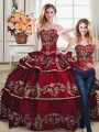 Wine Red Sweetheart Neckline Embroidery and Ruffled Layers Quinceanera Dresses Sleeveless Lace Up