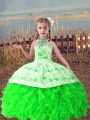 Best Green Ball Gowns Organza Halter Top Sleeveless Beading and Embroidery and Ruffles Floor Length Lace Up Pageant Gowns For Girls