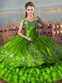 Custom Fit Green Sleeveless Embroidery and Ruffled Layers Floor Length 15 Quinceanera Dress