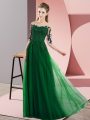 Floor Length Dark Green Wedding Guest Dresses Chiffon Half Sleeves Beading and Lace