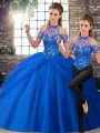 Custom Designed Two Pieces Sleeveless Blue Quinceanera Dress Brush Train Lace Up