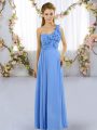 Custom Made Blue Lace Up One Shoulder Hand Made Flower Bridesmaid Gown Chiffon Sleeveless