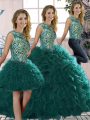 Hot Sale Scoop Sleeveless Sweet 16 Dresses Floor Length Beading and Ruffles Peacock Green Organza