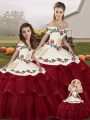 Sumptuous Off The Shoulder Sleeveless Brush Train Lace Up Quince Ball Gowns Wine Red Tulle