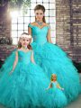 Floor Length Ball Gowns Sleeveless Aqua Blue Quince Ball Gowns Lace Up