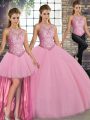 Custom Designed Three Pieces Vestidos de Quinceanera Pink Scoop Tulle Sleeveless Floor Length Lace Up