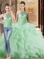 Fancy Apple Green Lace Up Halter Top Beading and Ruffles Vestidos de Quinceanera Organza Sleeveless Brush Train
