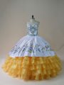 Sweetheart Sleeveless Lace Up Quince Ball Gowns Yellow And White Organza