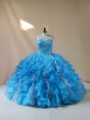 Baby Blue Sleeveless Organza Lace Up Quinceanera Gown for Sweet 16 and Quinceanera