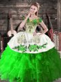 Admirable Green Ball Gowns Organza Off The Shoulder Sleeveless Embroidery and Ruffles Floor Length Lace Up Quinceanera Dresses