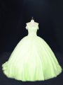 Custom Designed Yellow Green Tulle Lace Up Quinceanera Dresses Sleeveless Court Train Beading