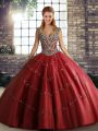 Hot Sale Wine Red Ball Gowns Tulle Straps Sleeveless Beading and Appliques Floor Length Lace Up Sweet 16 Dresses