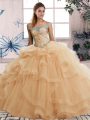 Champagne 15th Birthday Dress Military Ball and Sweet 16 and Quinceanera with Beading and Ruffles Off The Shoulder Sleeveless Lace Up