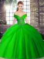 Most Popular Lace Up Quince Ball Gowns Green for Military Ball and Sweet 16 and Quinceanera with Beading and Pick Ups Brush Train
