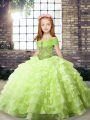 Latest Yellow Green Lace Up Straps Beading and Ruffled Layers Girls Pageant Dresses Organza Sleeveless Brush Train