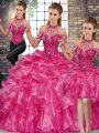 Fuchsia Sleeveless Floor Length Beading and Ruffles Lace Up 15th Birthday Dress