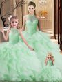 Pretty Apple Green Halter Top Lace Up Beading and Ruffles 15 Quinceanera Dress Brush Train Sleeveless