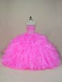 Elegant Floor Length Pink Ball Gown Prom Dress Organza Sleeveless Beading and Ruffles