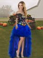 Exceptional Royal Blue Sleeveless Embroidery and Ruffles High Low Homecoming Dress