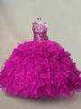 Custom Design Fuchsia Organza Lace Up 15th Birthday Dress Sleeveless Floor Length Ruffles and Sequins