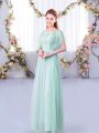 Short Sleeves Tulle Floor Length Side Zipper Dama Dress for Quinceanera in Light Blue with Lace and Belt
