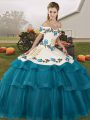Deluxe Teal Off The Shoulder Lace Up Embroidery and Ruffled Layers Sweet 16 Dresses Brush Train Sleeveless