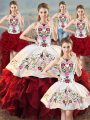 White And Red Sweet 16 Dresses Sweet 16 and Quinceanera with Embroidery and Ruffles Halter Top Sleeveless Lace Up