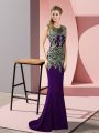 Colorful Purple Zipper Prom Gown Appliques Sleeveless Sweep Train