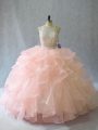 Perfect Peach Two Pieces Organza Halter Top Sleeveless Beading and Ruffles Backless Vestidos de Quinceanera Brush Train