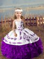 Wonderful Purple Lace Up Straps Embroidery and Ruffles Pageant Gowns For Girls Organza Sleeveless