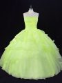 Custom Designed Sleeveless Floor Length Ruffles and Hand Made Flower Lace Up 15th Birthday Dress with Yellow Green