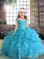 Floor Length Lace Up Little Girls Pageant Gowns Blue for Party and Wedding Party with Beading and Ruffles and Pick Ups