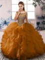 Superior Floor Length Lace Up Ball Gown Prom Dress Brown for Sweet 16 and Quinceanera with Beading and Ruffles